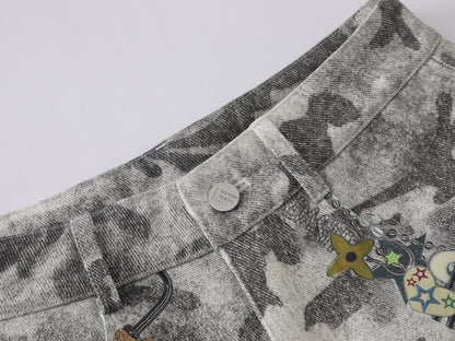 Snow Camo Cargo Shorts Teddy Bear Pendant Cartoon Patch Multi Pocket High Waist Casual Streetwear Baggy Shorts | Camo Bear