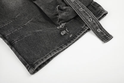 Women's Multi-Pocket Buckle Strap Distressed Denim Shorts High Waist Wide Leg Raw Hem Casual Streetwear Jean Shorts
