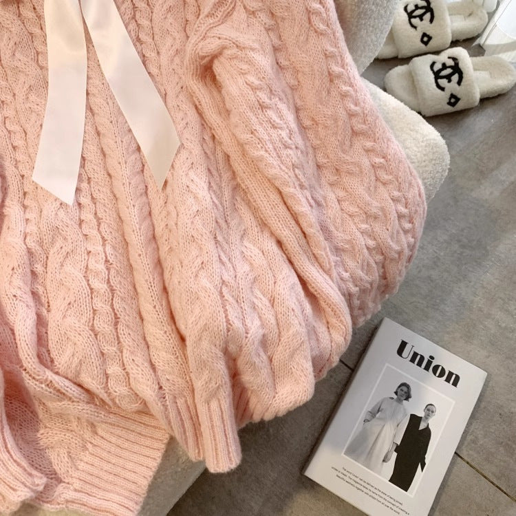 Mild mjölk söt rosa lös v-ringad lazy wind twist pullover dam höst och vinter förtjockad tröja ytterkläder