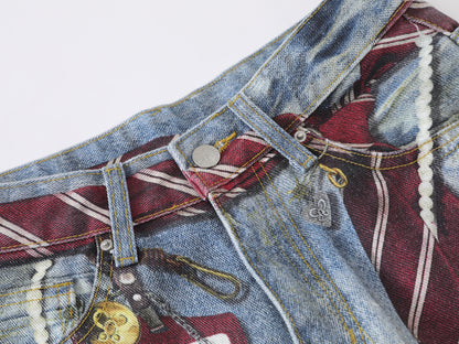 Paint Splatter Balloon Wide Leg Jeans Striped Tie Pearl Chain Charm High Waist Baggy Distressed Denim Pants Streetwear Trousers | Tie Pearl