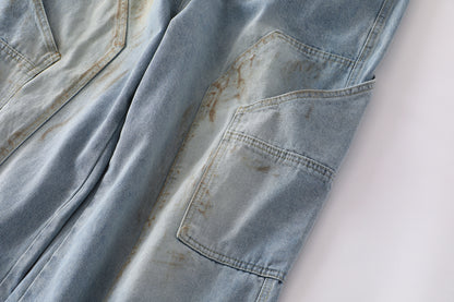 Curved Pocket Cargo Wide Leg Jeans High Waist Light Wash Mud Dye Faded Utility Streetwear Denim Trousers | Pocket Arc