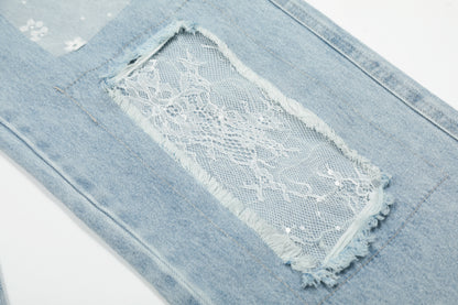 Women's Lace Belt Floral Print Patchwork Lace Ripped Wide Leg Jeans High Waist Y2K Vintage Wash Denim Trousers