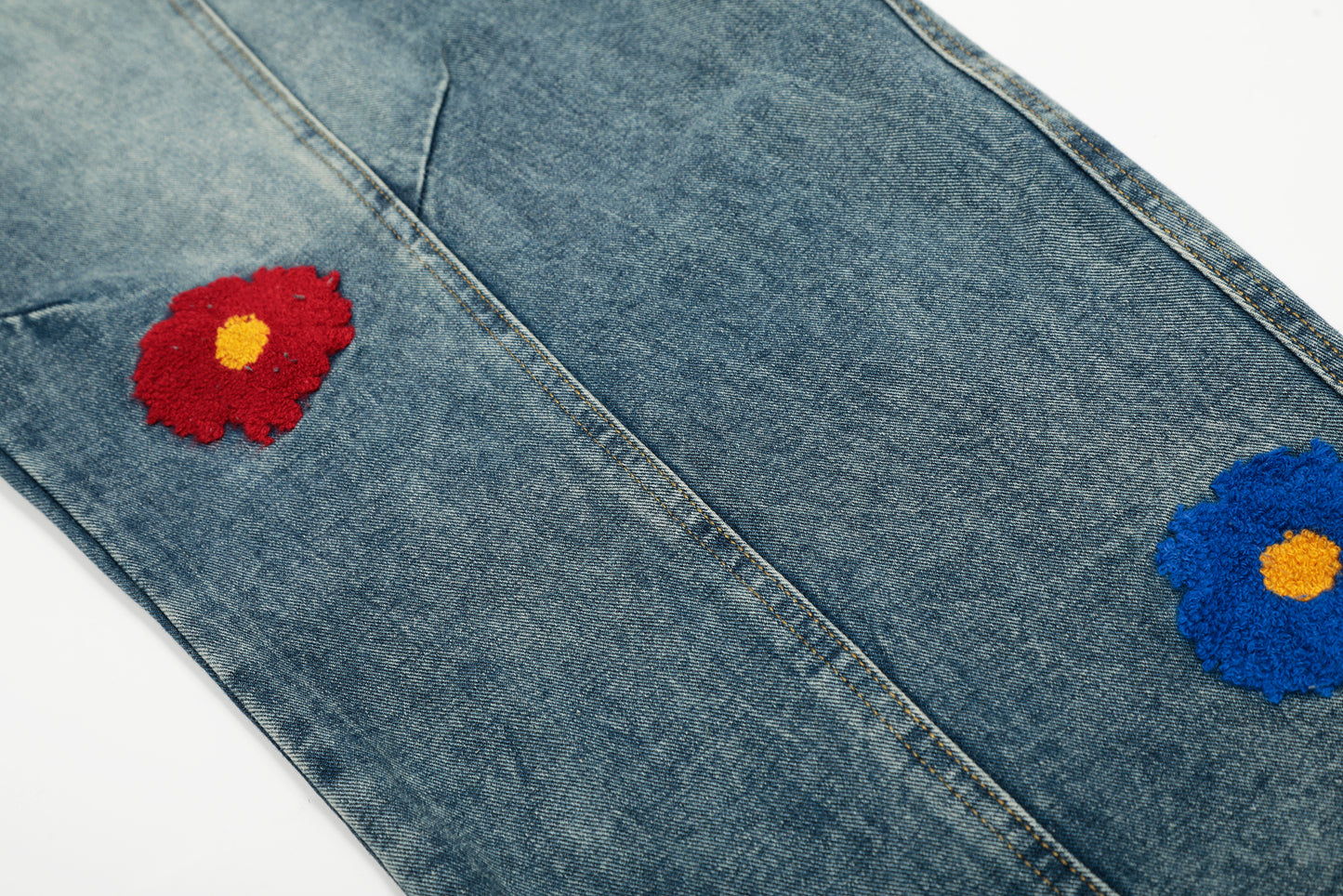 Women's Multicolor Daisy Floral Embroidery Balloon Wide Leg Denim Jeans High Waist Y2K Streetwear Baggy Jean Pants