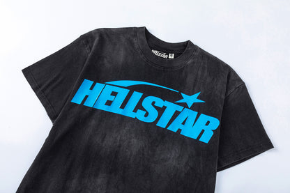 Washed Graphic Print Short Sleeve T-Shirt Flame Face Circle Logo Street Casual Unisex Tee | Blue Flame