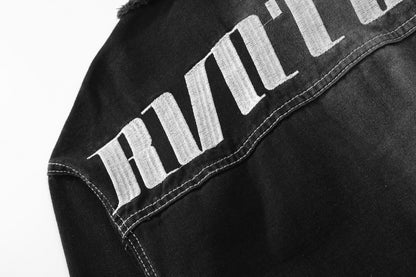 Oversized Two-Tone Denim Jacket Chain Detail Washed Vintage Streetwear Casual Fall Outerwear