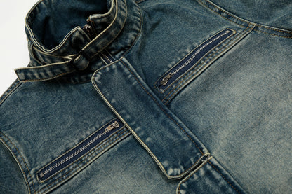 Stand Collar Zip Denim Jacket Washed Vintage Streetwear Oversized Y2K Casual Moto Coat | Indigo Moto