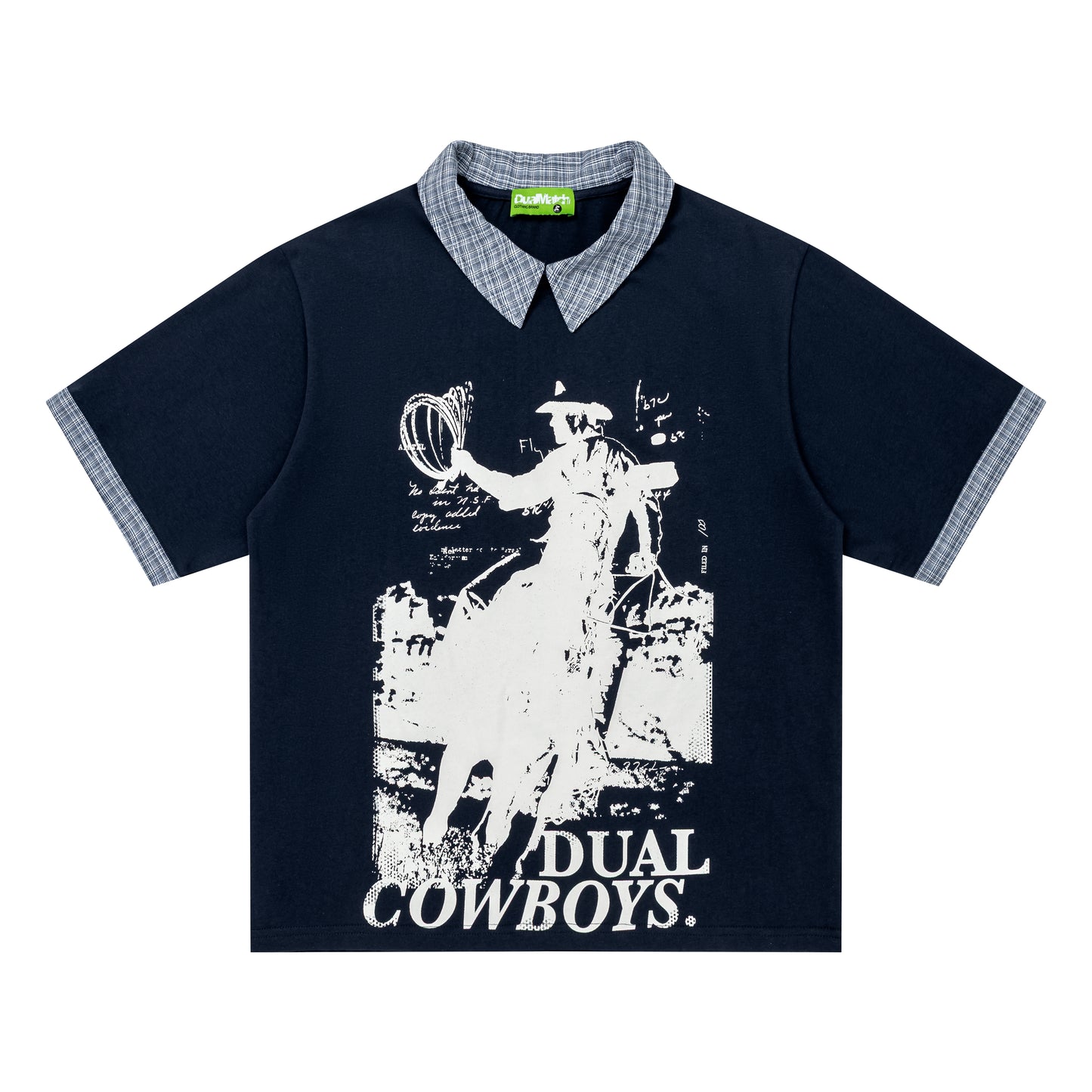 DuoMatch Dual Cowboys Rodeo Graphic Fake Two-Piece Tee Plaid Collar Cuff Patchwork Streetwear Short Sleeve T-Shirt