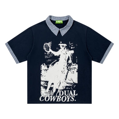 DuoMatch Dual Cowboys Rodeo Graphic Fake Two-Piece Tee Plaid Collar Cuff Patchwork Streetwear Short Sleeve T-Shirt