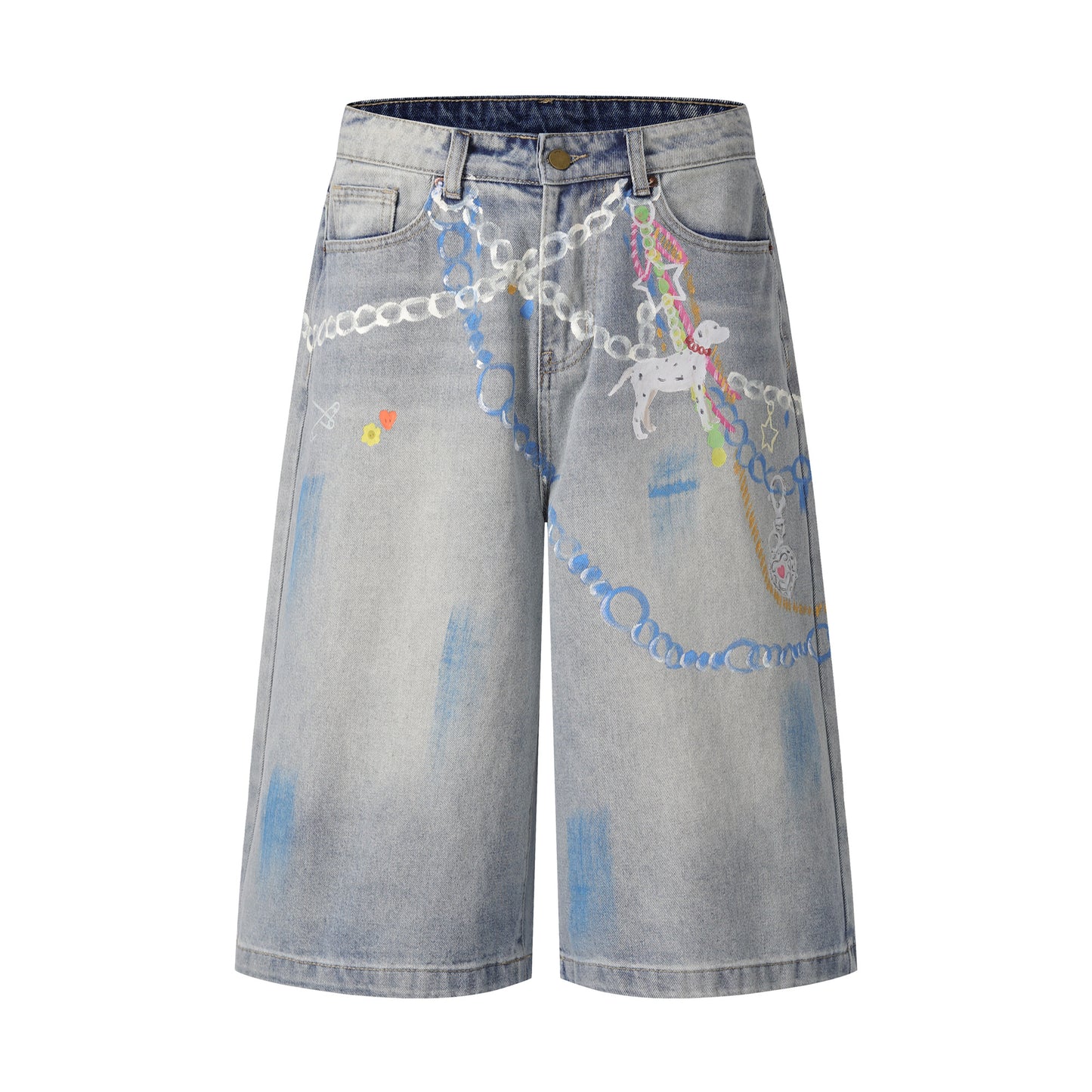 Chain Graphic Print Denim Shorts Wide Leg High Waist Washed Dalmatian Dog Charm Streetwear Summer Casual Jean Shorts | Chain Pup