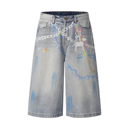 Chain Graphic Print Denim Shorts Wide Leg High Waist Washed Dalmatian Dog Charm Streetwear Summer Casual Jean Shorts | Chain Pup