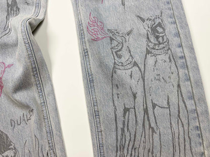 Represent Sketch Allover Print Wide Leg Jeans Heavy Washed Distressed Ripped Raw Hem Straight Denim | Rept Wide