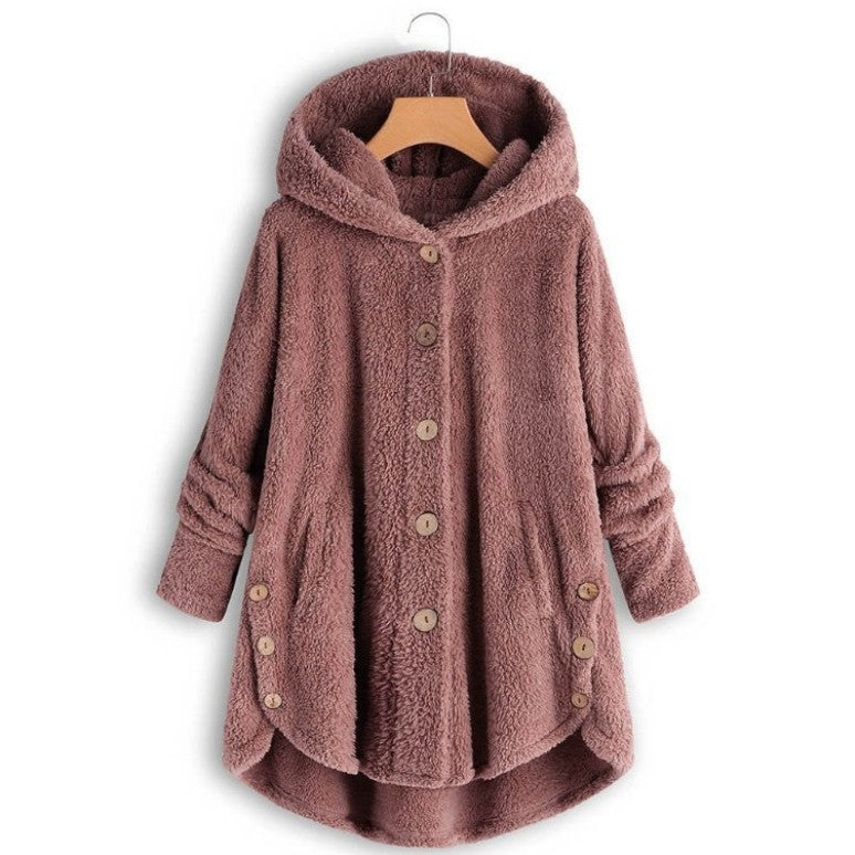 Qeaghou Dicke Wintermäntel für Damen, lässig, süß, Sherpa-Mäntel, flauschiger Fleece, warme Mäntel, Button-Down, langärmeliger Kapuzenmantel