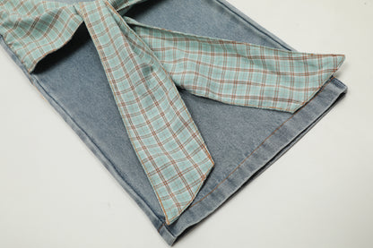 Plaid Bow Tie Side Leg Cutout Wide Leg Jeans Heart Wash High Waist Straight Denim Y2K Cute