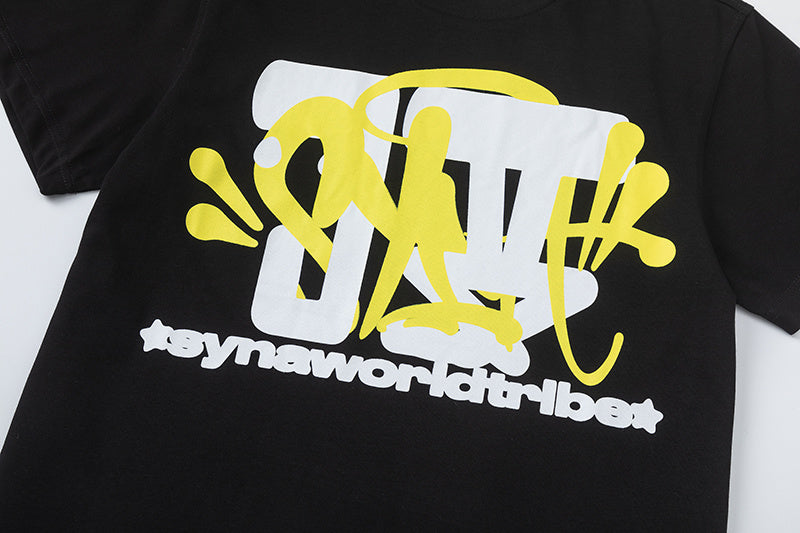 Black short-sleeve crewneck T-shirt with yellow and white graffiti-style graphic print - view 7