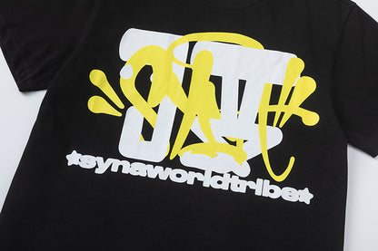 Black T-Shirt With Yellow and White Graffiti Graphic Print, Short Sleeve Crewneck Streetwear Tee
