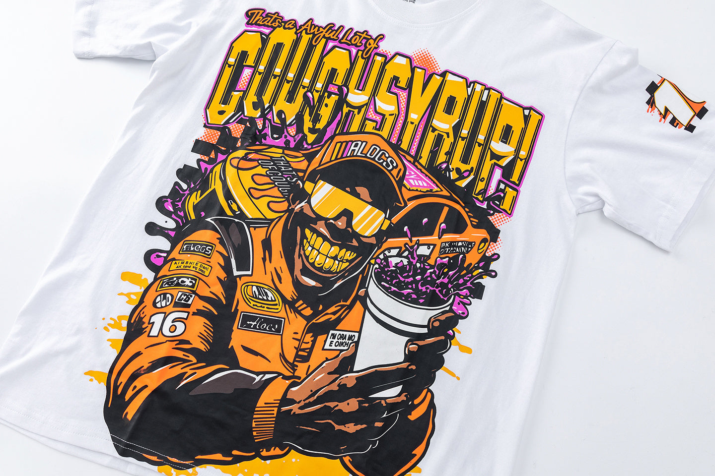 White unisex graphic T-shirt with colorful racing car print on the front and back - view 7