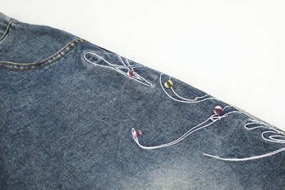 Women's Script Embroidery Rhinestone Wide Leg Denim Shorts High Waist Washed Casual Streetwear Jean Shorts
