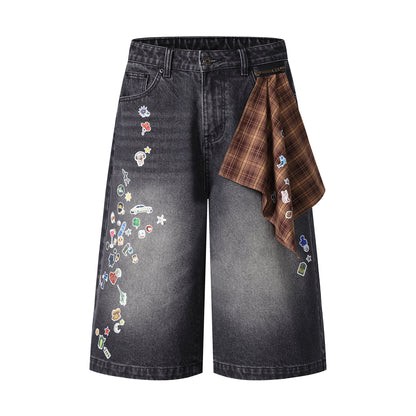Cartoon Sticker Print Wide Leg Denim Shorts Plaid Handkerchief Waist Detail High Waist Casual Streetwear Baggy Jean Shorts | Sticker Hanky