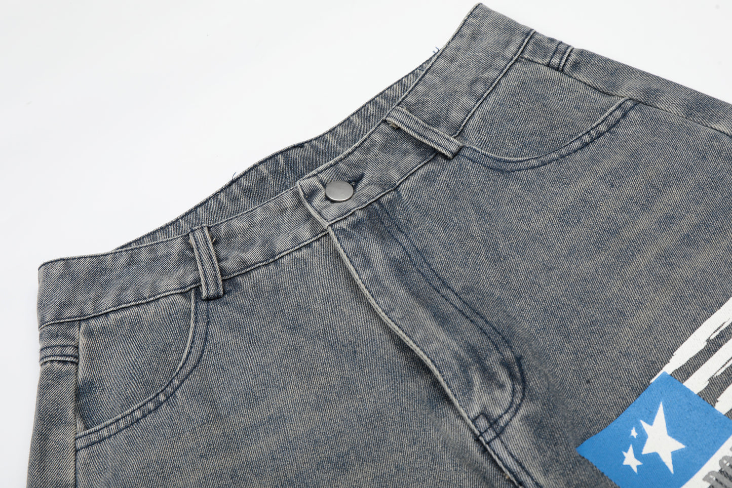 Number 18 Star Flag Print Wide Leg Denim Shorts High Waist Washed Vintage Streetwear Summer Casual Shorts
