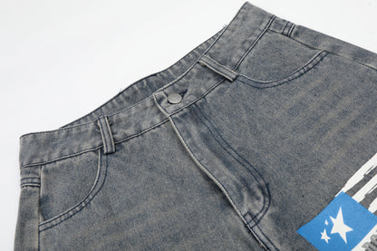 Number 18 Star Flag Print Wide Leg Denim Shorts High Waist Washed Vintage Streetwear Summer Casual Shorts