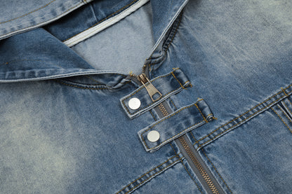 Washed Denim Hooded Jacket Oversized Zip Up Snap Button Streetwear Y2K Vintage Casual Jean Jacket | Denim Hood