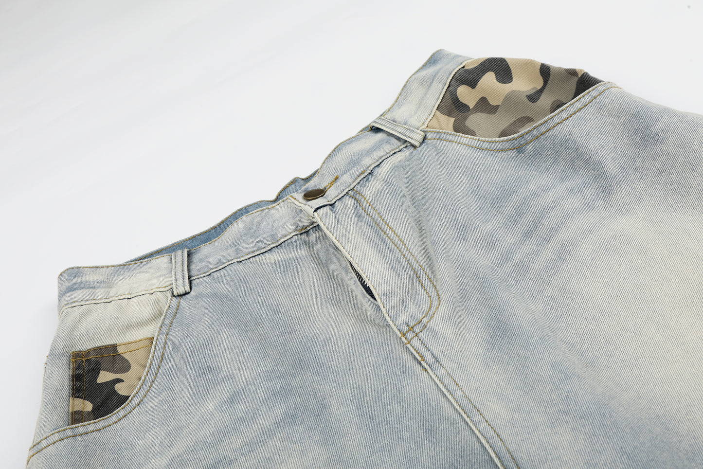 Women's Cross Rivet Camo Patch Wide Leg Denim Shorts High Waist Washed Streetwear RVNTENG Jean Shorts