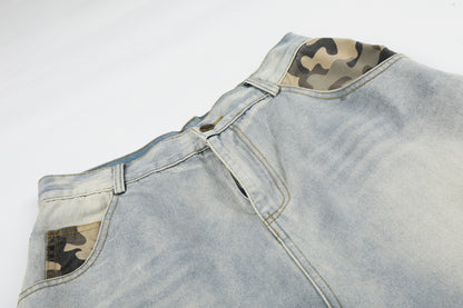 Women's Cross Rivet Camo Patch Wide Leg Denim Shorts High Waist Washed Streetwear RVNTENG Jean Shorts