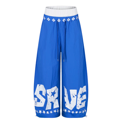 SRVE Letter Star Print Wide Leg Parachute Pants High Waist Drawstring Streetwear Casual Pants