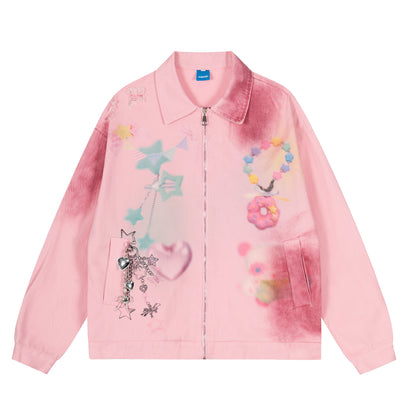 Dreamy Graffiti Star Panda Flower Metal Charm Chain Zip Jacket Spray Dye Distressed Y2K Harajuku