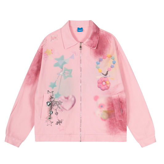 Dreamy Graffiti Charm Zip Jacket - Pink Back