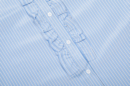 Ruffle Front Stripe Short Sleeve Shirt Oversized Button Down Feminine Casual Summer Top | Ruffle Stripe