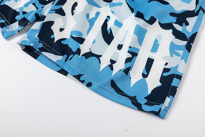 Blue Camo Drawstring Shorts, Elastic Waist Graphic Streetwear Casual Wear
