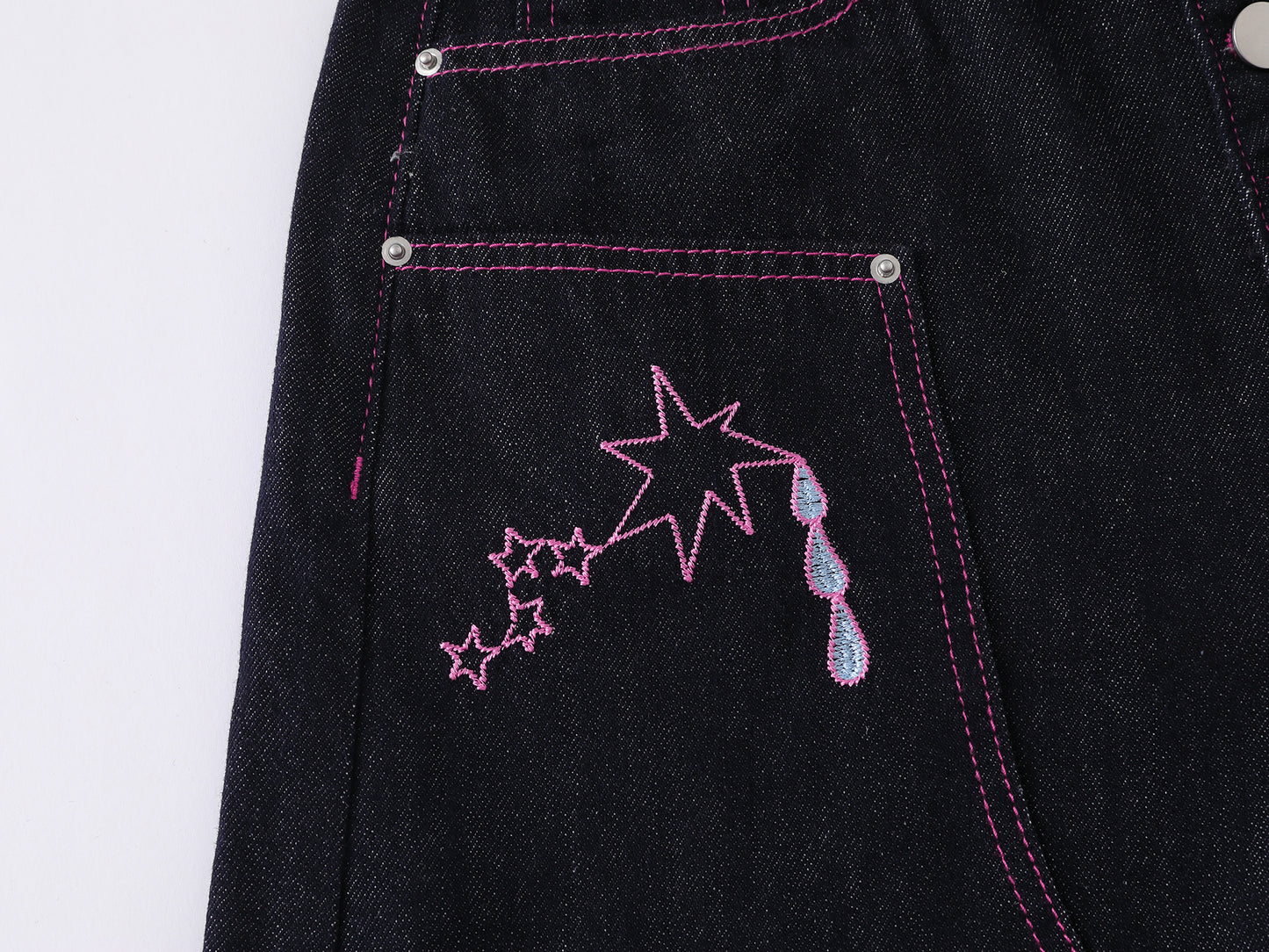 Heart Pocket Guitar Embroidery Wide Leg Denim Shorts Pink Stitch Button Fly Rhinestone Streetwear Baggy Jean Shorts | Rock Heart