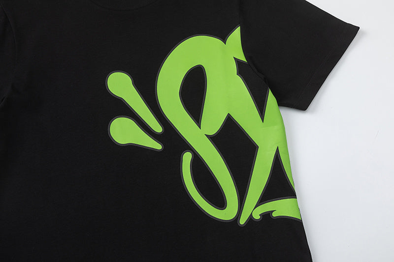 Black short sleeve crewneck T-shirt with oversized neon green graffiti-style front graphic - view 7