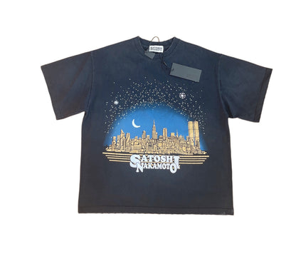 Satoshi Nakamoto NYC Skyline Moonrise Short Sleeve Tee Washed Navy 300g Heavy Stone Wash Cracked Print Streetwear | NYC Moonrise Tee
