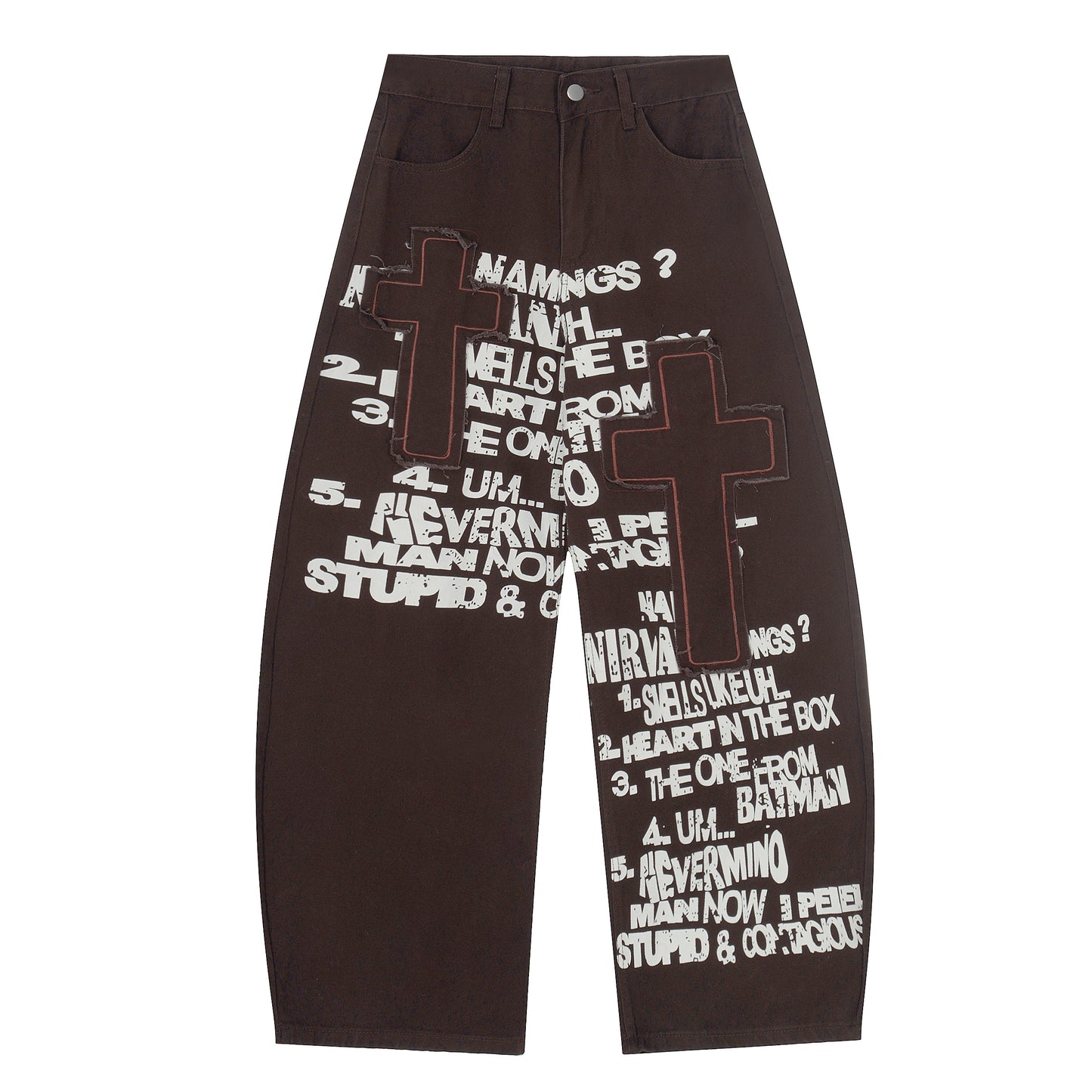 Stupid Contagious Gothic Cross Text Print Wide Leg Pants - Brown Front