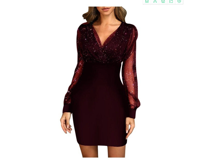 Mesh V-neck sequined dress slim sexy dress in stock