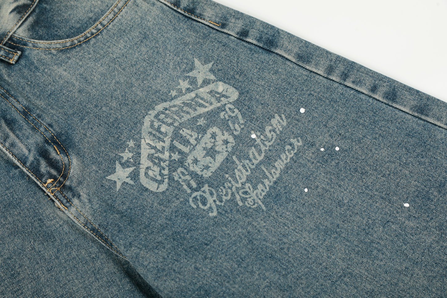 California Script Print Rhinestone Wide Leg Barrel Jeans Vintage Washed High Waist Y2K Streetwear