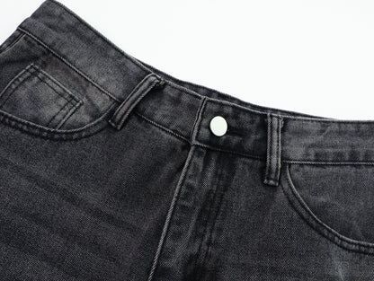Distressed Ripped Wide Leg Jeans High Waist Washed Black Sandy Fade Black Patch Pocket Streetwear Denim Trousers | Void Rip