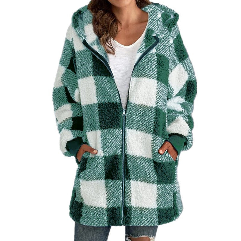 Europe and America plush women's outer 2024 new Amazon long sleeve plaid hooded zipper pocket loose outer