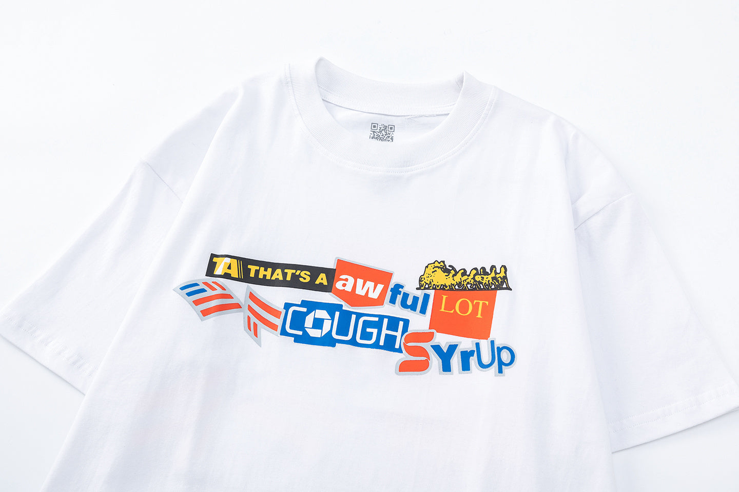 Adult graphic print crew neck T-shirt shown in black and white with colorful Cough Syrup typography - view 7