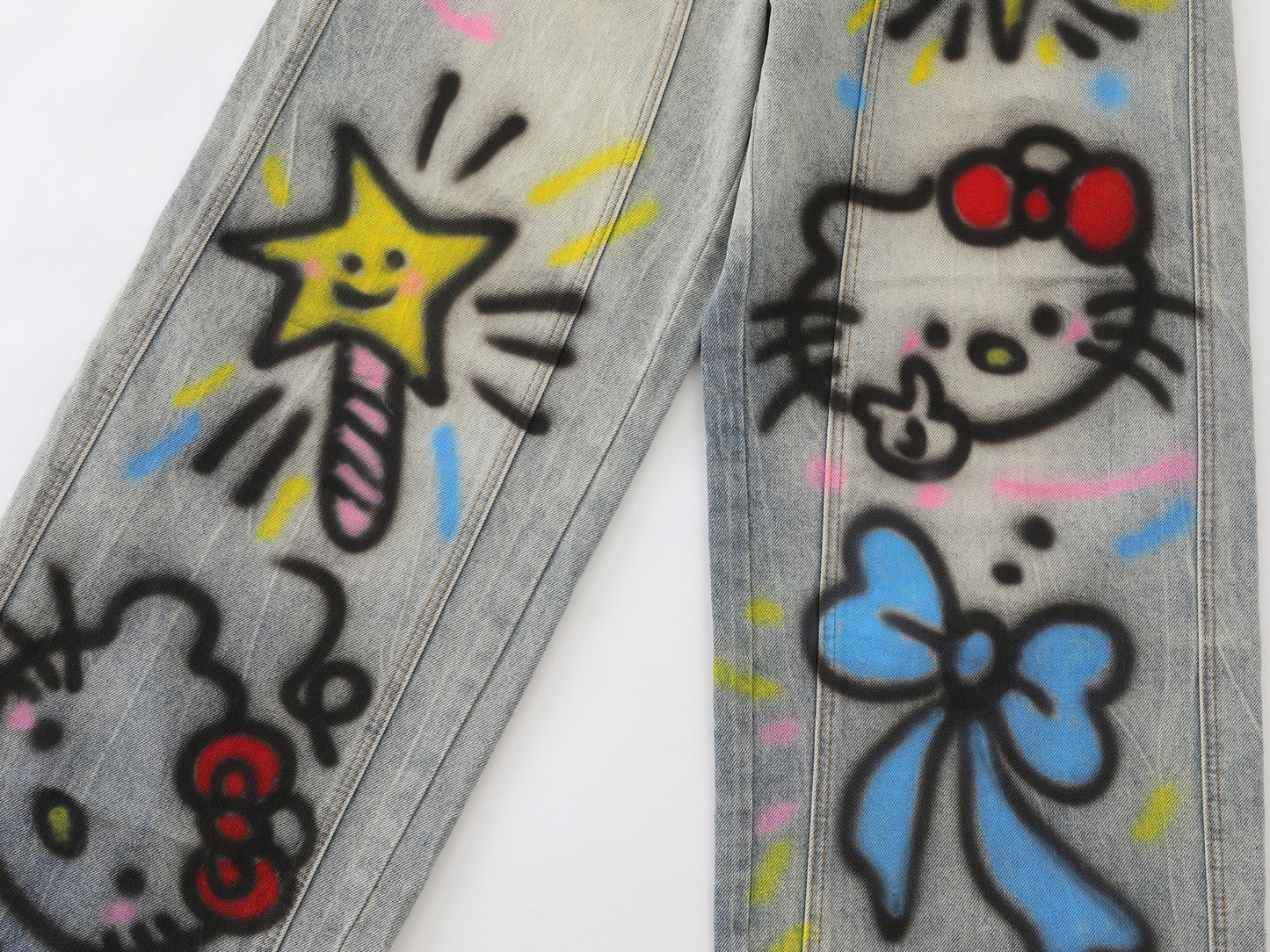 Kawaii Cat Graffiti Spray Paint Wide Leg Jeans Bow Star Cartoon Print High Waist Baggy Denim Pants Streetwear Barrel Trousers | Kitty Spray