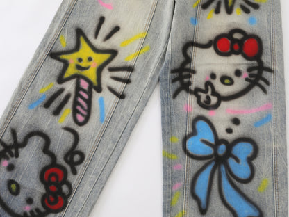Kawaii Cat Graffiti Spray Paint Wide Leg Jeans Bow Star Cartoon Print High Waist Baggy Denim Pants Streetwear Barrel Trousers | Kitty Spray