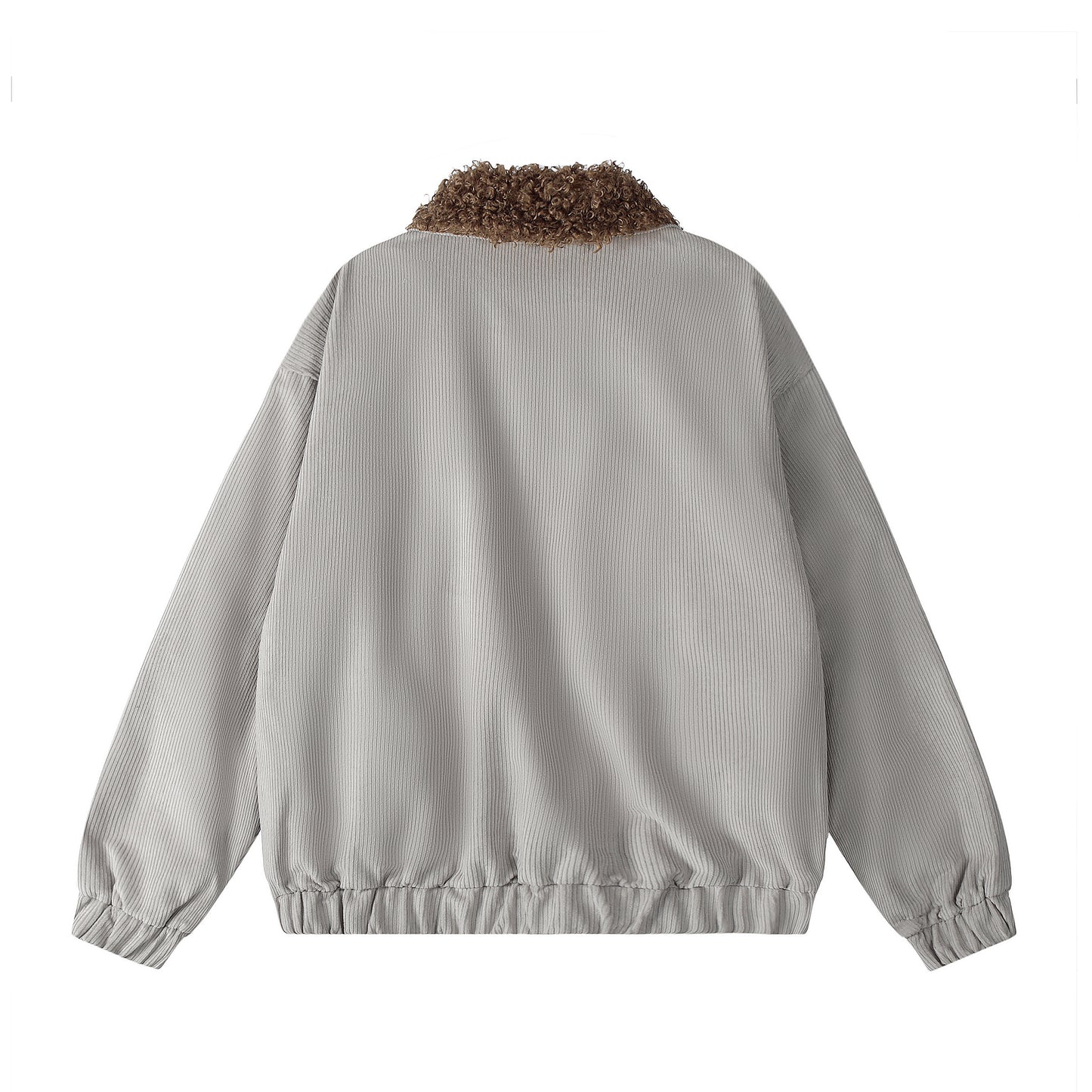 Seveers Graffiti Dog Patch Curly Fur Collar Corduroy Bomber - Gray Pink Light Green Side by Side