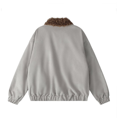 Seveers Graffiti Dog Patch Curly Fur Collar Corduroy Bomber Jacket Oversized Streetwear Y2K