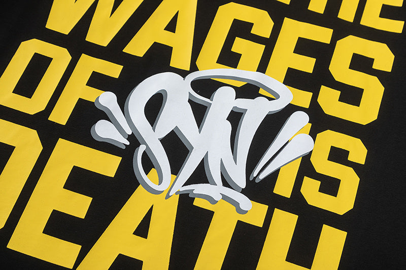 Black crewneck short sleeve T-shirt with yellow text graphic and white graffiti-style chest artwork - view 7