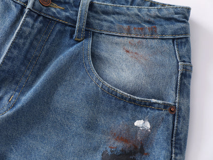 Paint Splatter Mud Dye Barrel Wide Leg Jeans High Waist Light Wash Distressed Diagonal Seam Streetwear Denim Trousers | Mud Canvas
