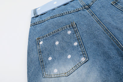 Women's I Love RVNTENG Letter Print Polka Dot Tie Wide Leg Denim Shorts High Waist Casual Streetwear Jean Shorts