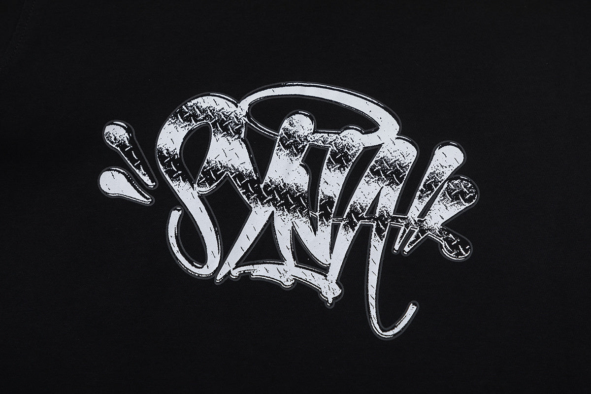 Unisex black short sleeve crew neck T-shirt with contrasting silver graffiti-style front graphic - view 7