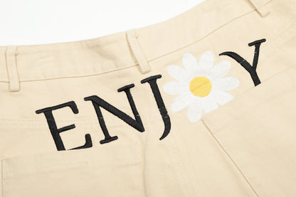 Women's ENJOY Daisy Flower Embroidery High Waist Wide Leg Shorts Casual Streetwear Summer Bermuda Shorts
